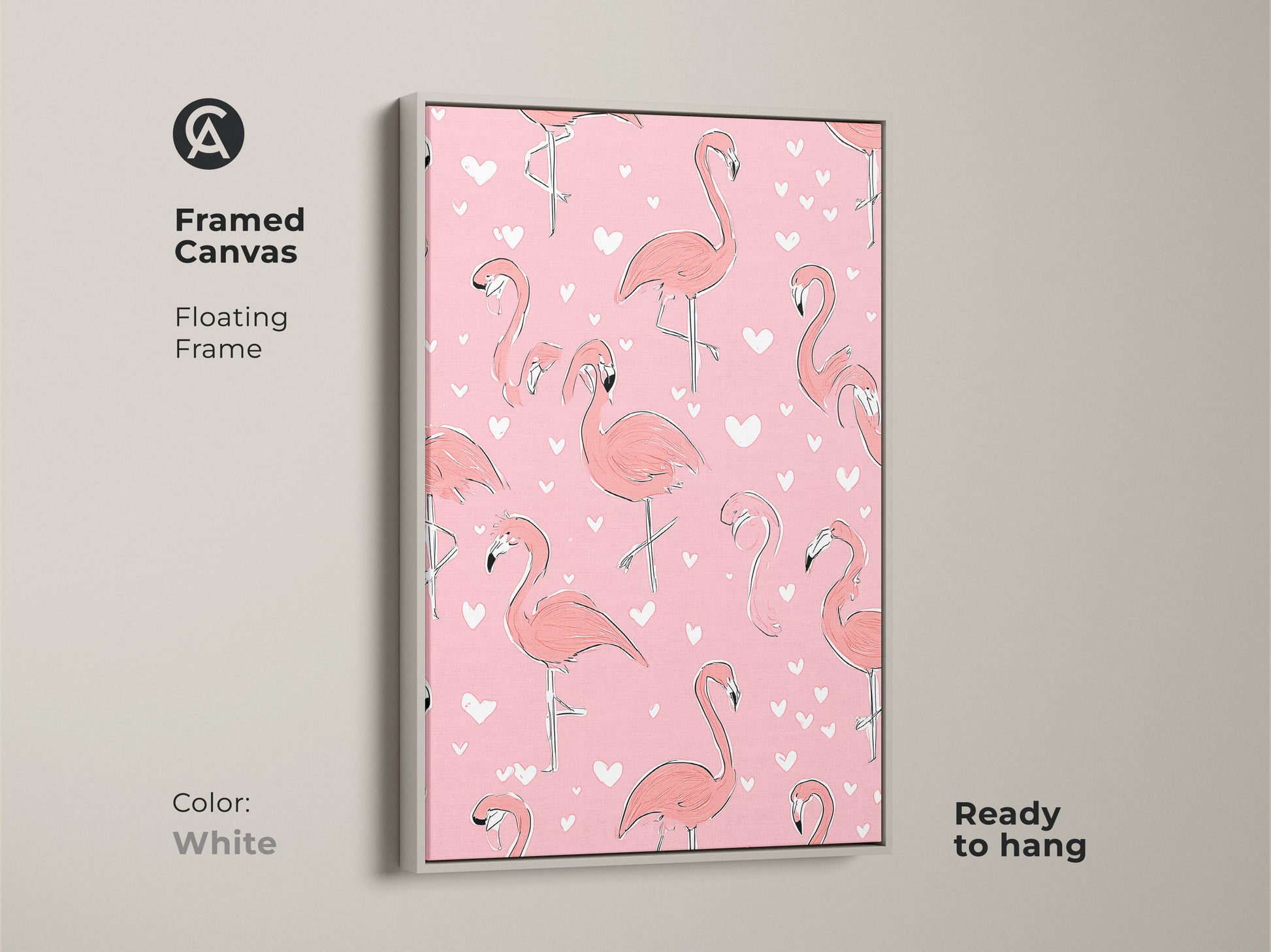 Framed canvas with floating frame in a white featuring a coral pink flamingo art print. The boho heart pattern adds a cute touch to this animal artwork. This flamingo themed artwork is ready to hang. A playful piece brings a whimsical feel and a pop of color.