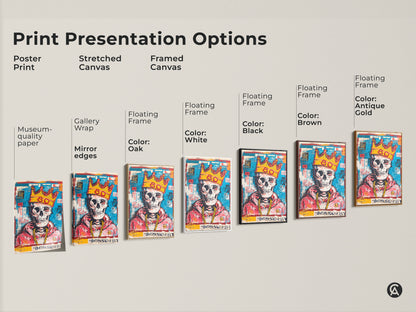 Print presentation options featuring poster prints stretched canvas and framed canvas. Each art style features a skull with a gold crown and gold chain. Select your favorite print presentation today.