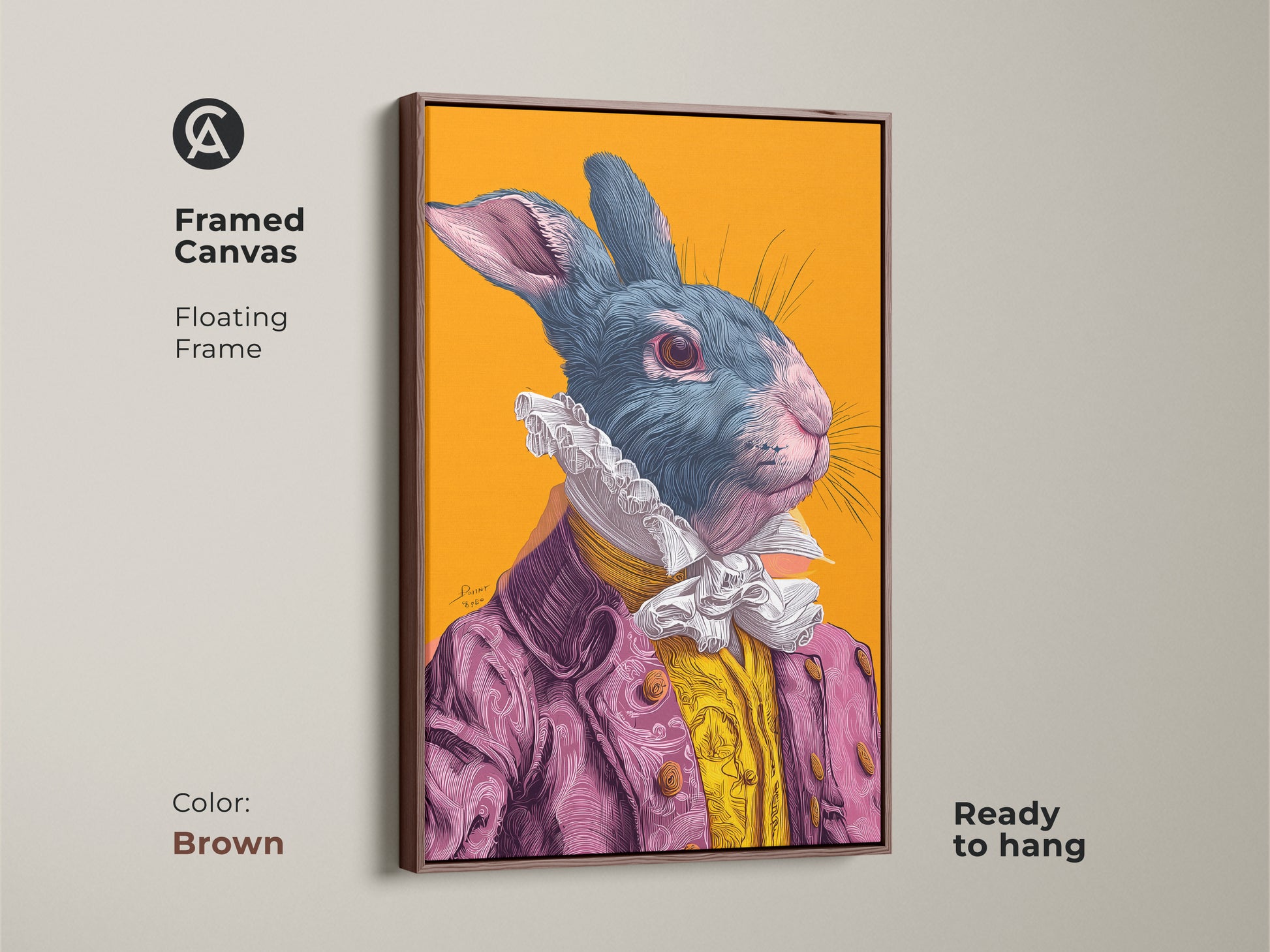 Framed canvas of a rabbit artwork with floating frame. The artwork is ready to hang and has a brown frame. The rabbit wears a pink suit. The artwork adds charm to any room.
