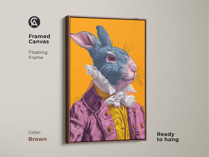 Framed canvas of a rabbit artwork with floating frame. The artwork is ready to hang and has a brown frame. The rabbit wears a pink suit. The artwork adds charm to any room.