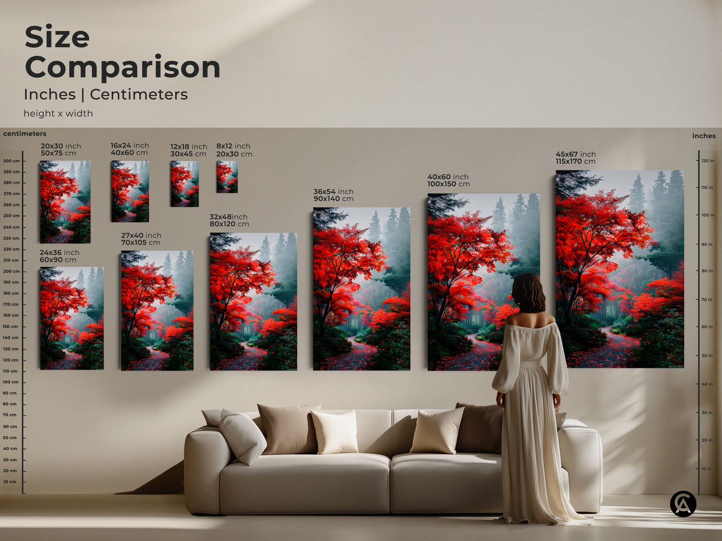 Compare sizes of the autumn forest artwork in inches and centimeters. Visualize the impact of different dimensions on your wall decor. Select from various canvas and poster print sizes. Create a stunning focal point in your home.