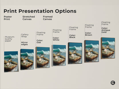 Explore print presentation options for coastal canvas art. Choose from poster prints to framed canvas with various floating frame colors. Enhance your beach-themed space with museum-quality paper.
