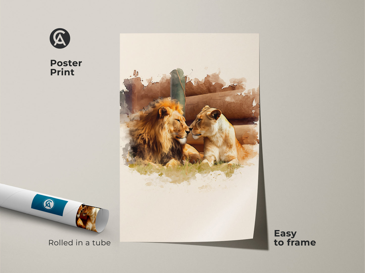 Watercolor lion couple print rolled in a tube for easy framing. This wildlife animal canvas art makes a unique animal art print. The gold and brown lion decor is perfect for animal lovers seeking eclectic bedroom art.