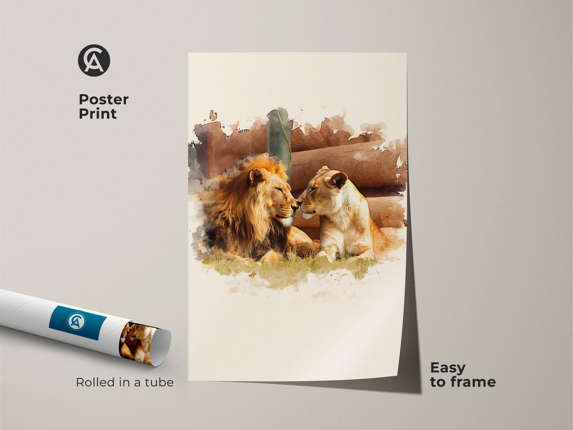 Watercolor lion couple print rolled in a tube for easy framing. This wildlife animal canvas art makes a unique animal art print. The gold and brown lion decor is perfect for animal lovers seeking eclectic bedroom art.
