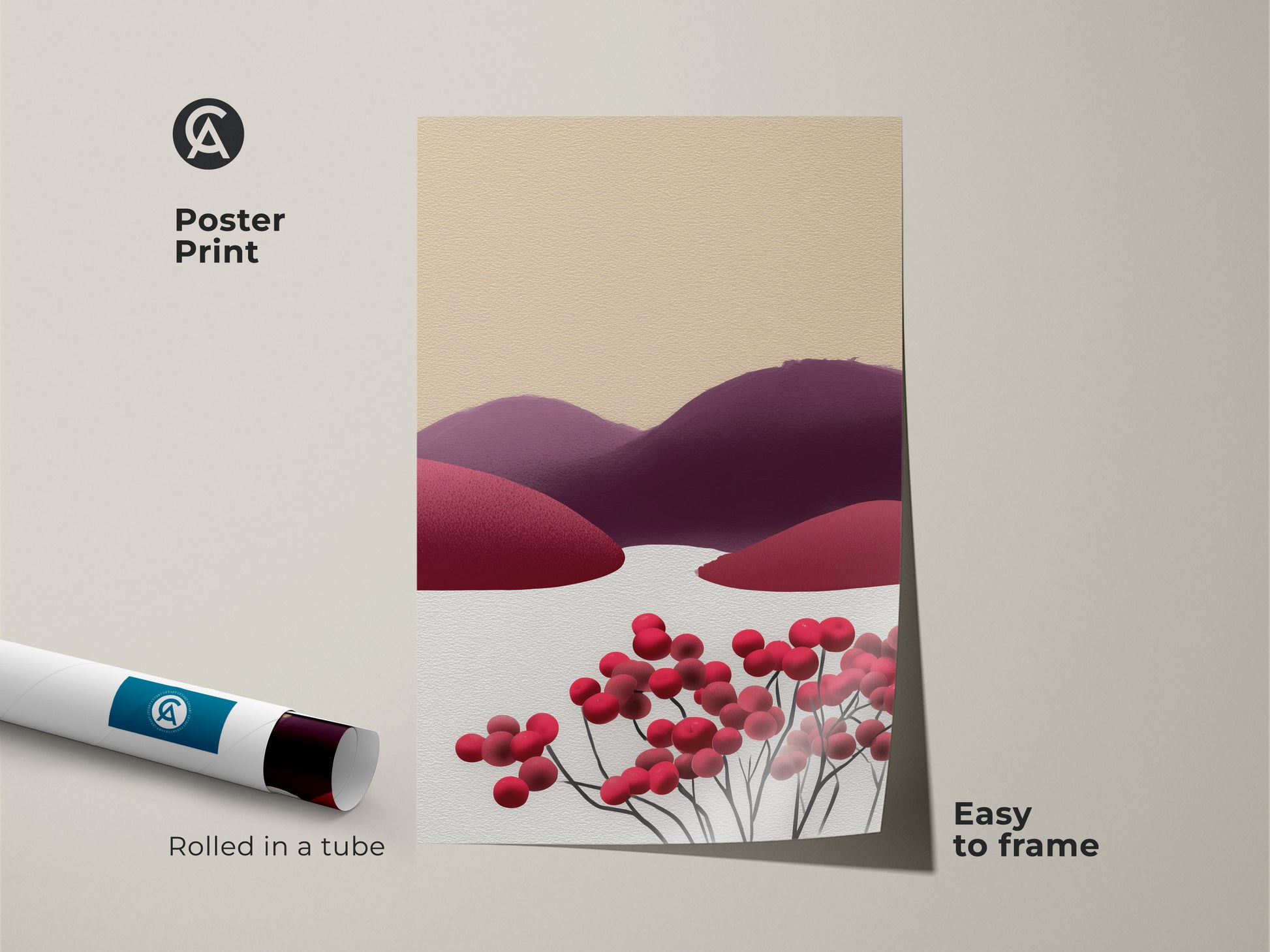 Poster print of a Scandinavian folk art canvas. It displays an abstract berry hills landscape. This minimalist red purple and beige wall decor is easy to frame. A unique art print.