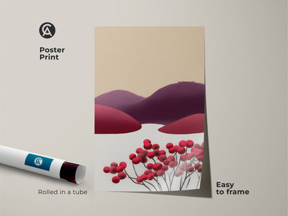Poster print of a Scandinavian folk art canvas. It displays an abstract berry hills landscape. This minimalist red purple and beige wall decor is easy to frame. A unique art print.