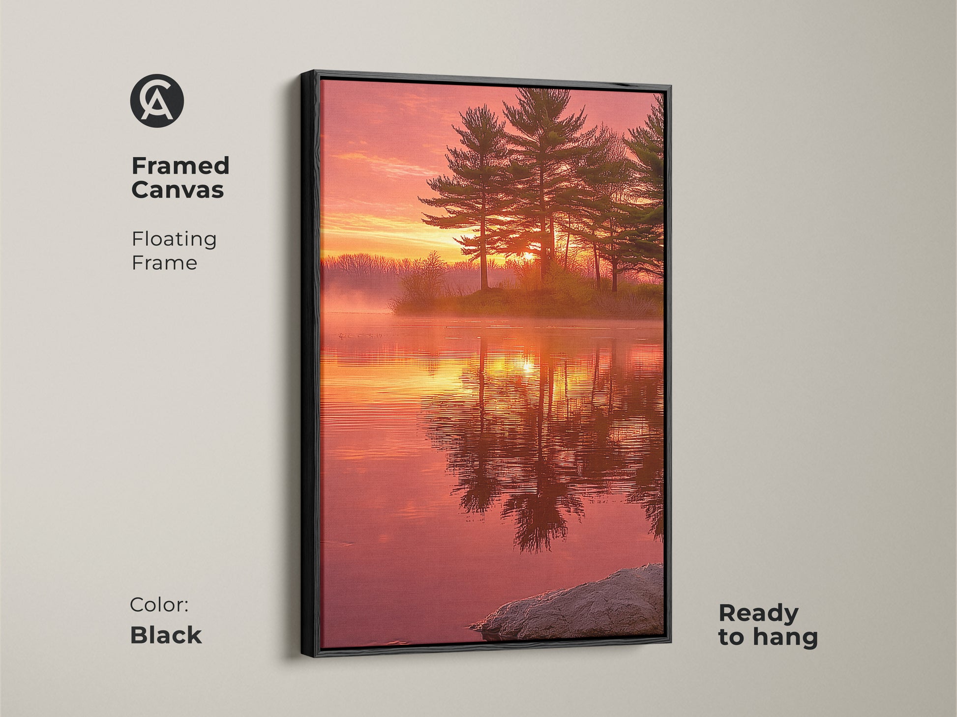 Framed canvas with a floating frame displays a rustic pine tree sunset lake artwork. The black frame enhances the nature photography print. This scenic wall decor is ready to hang. The red orange yellow tones create a cozy ambiance. Perfect for bedroom wall art.