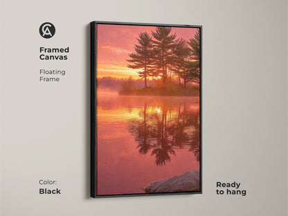 Framed canvas with a floating frame displays a rustic pine tree sunset lake artwork. The black frame enhances the nature photography print. This scenic wall decor is ready to hang. The red orange yellow tones create a cozy ambiance. Perfect for bedroom wall art.