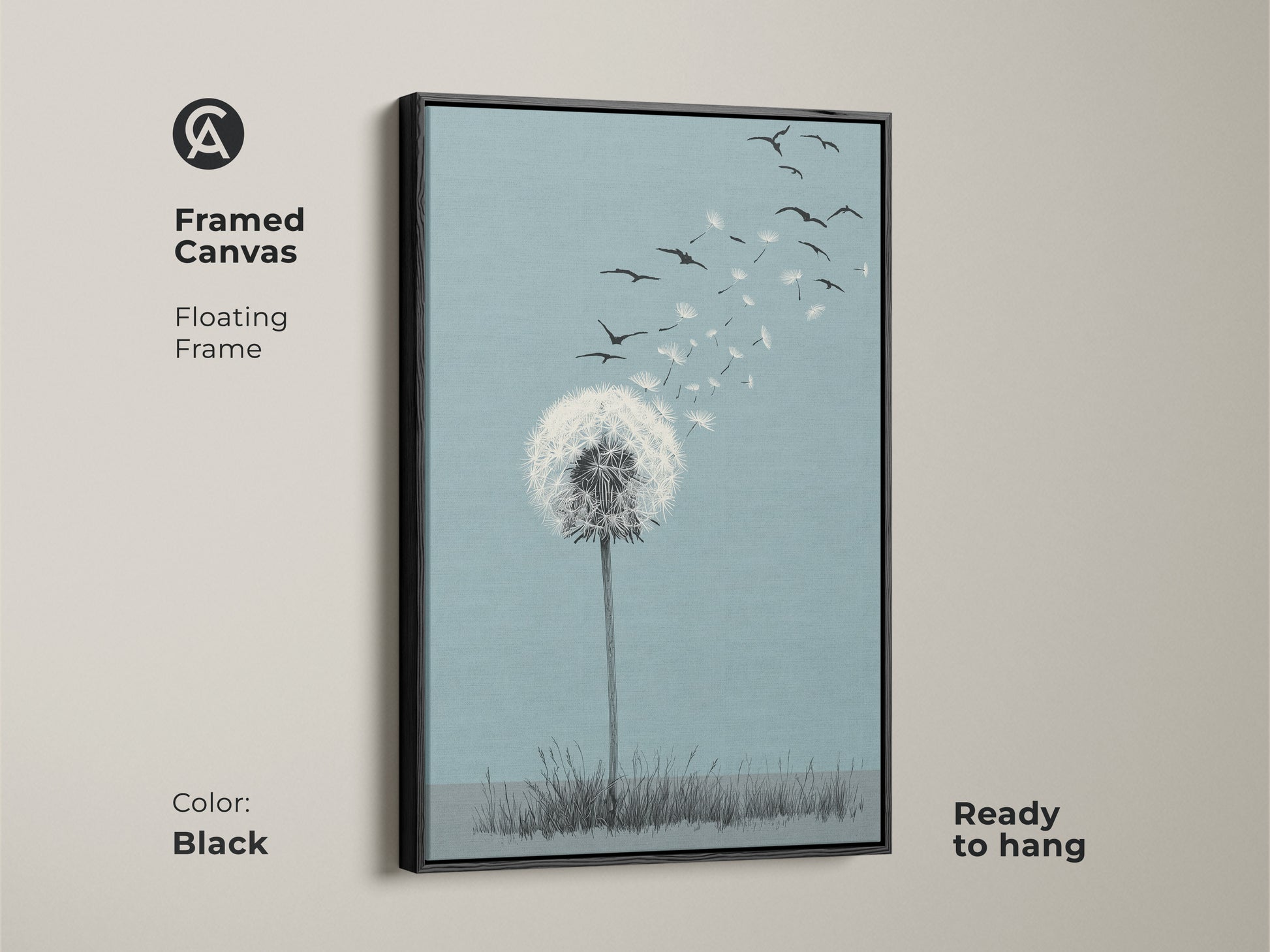 Framed canvas featuring a dandelion and birds in minimalist line art. The floating frame enhances the sky blue and white botanical artwork. Ready to hang this Scandinavian home art is a perfect addition to any room. Symbolic decor that embodies hope and new beginnings. The black frame adds a touch of elegance.