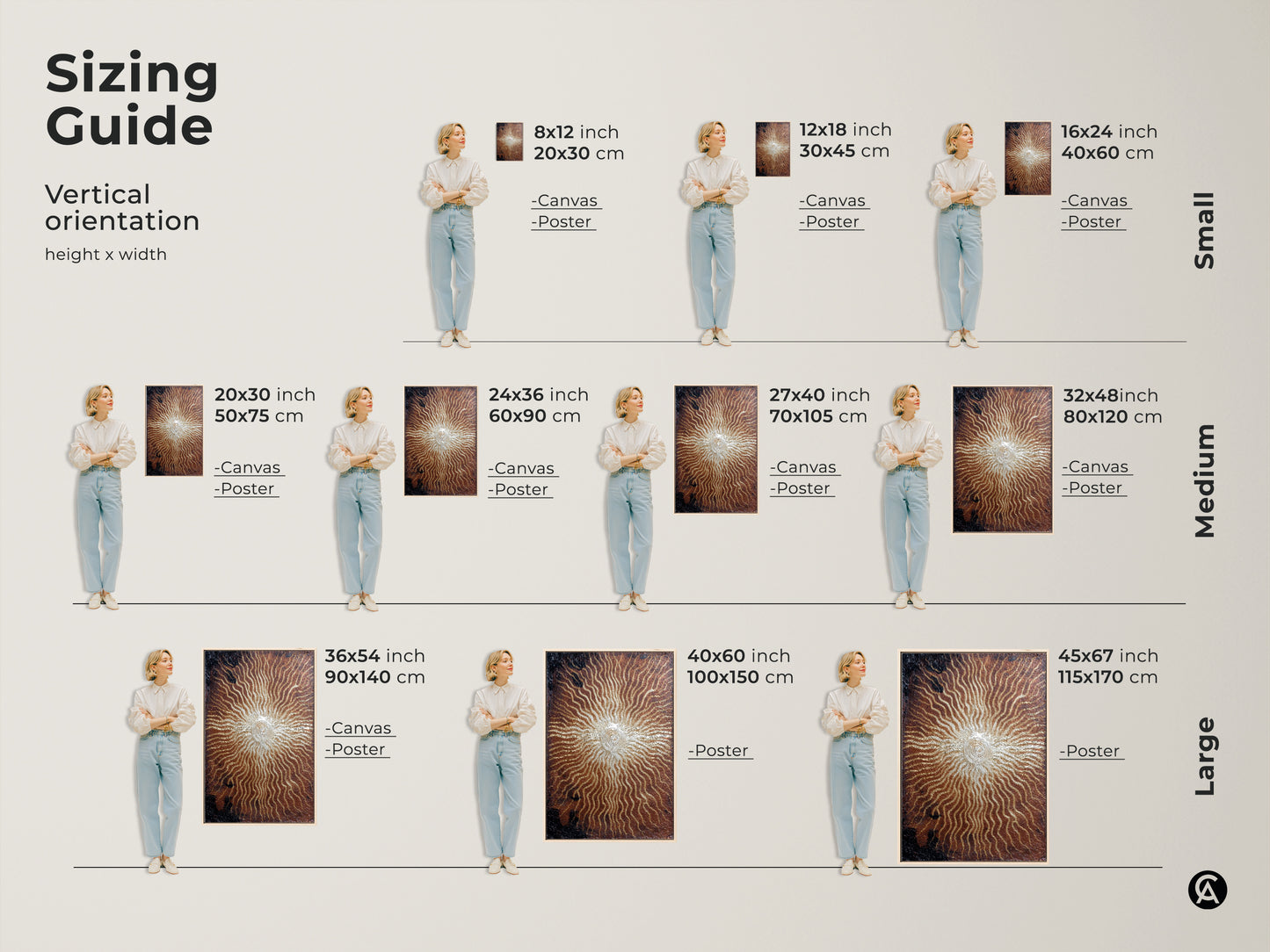 Sizing guide for vertical abstract sunburst artwork. Canvas and poster prints are available in small medium and large. Find the ideal size for your eclectic entryway decor. Perfect art for any space and style.