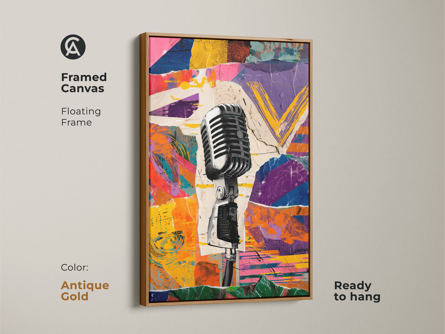 Framed Canvas with a floating frame displaying the Retro Microphone Collage. The antique gold frame adds a touch of elegance to the retro vibes canvas art. This vibrant music wall art is ready to hang.