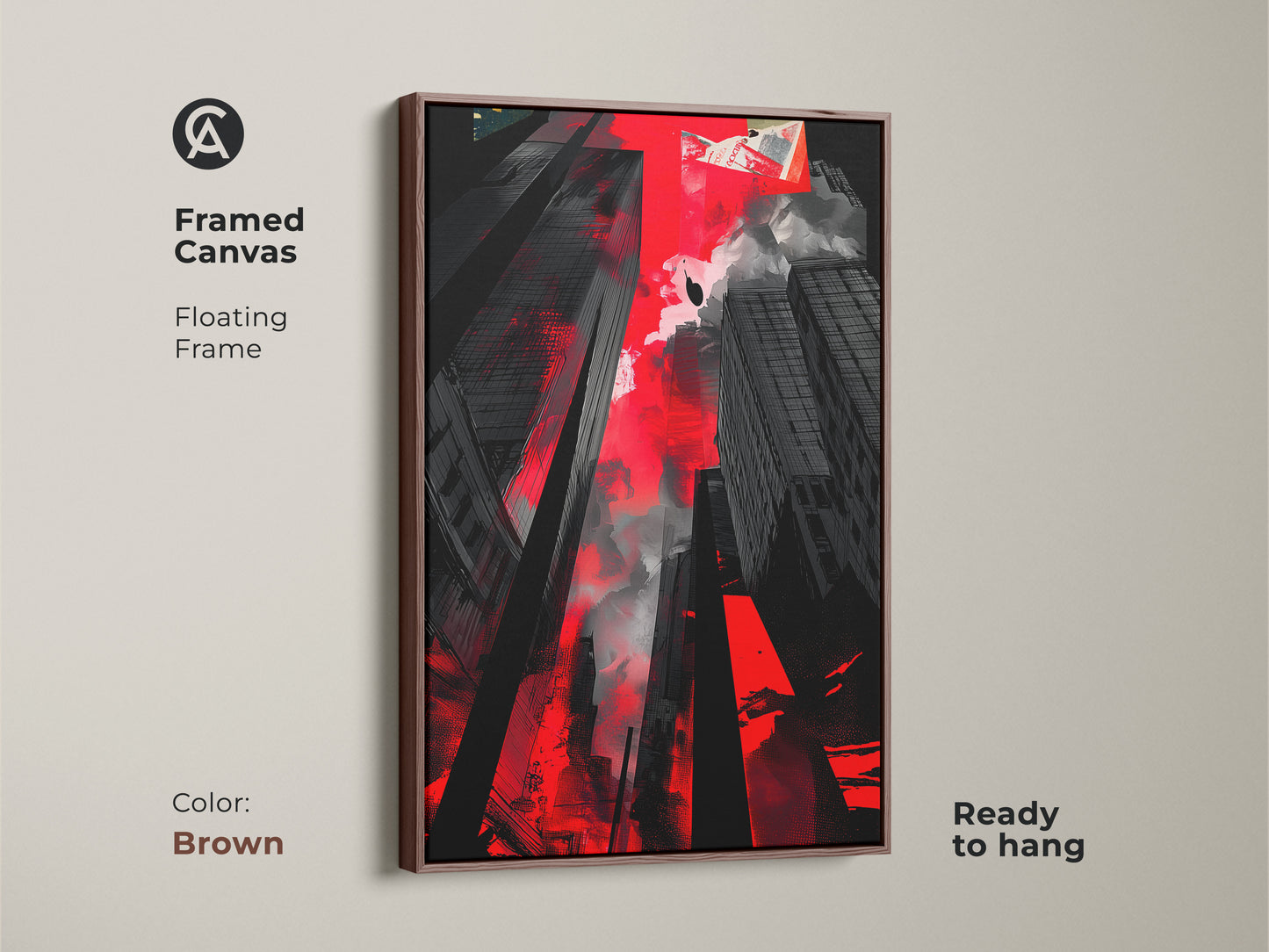 Framed canvas featuring an abstract cityscape with a brown floating frame. This ready-to-hang red and black urban artwork is ideal for contemporary offices and homes.