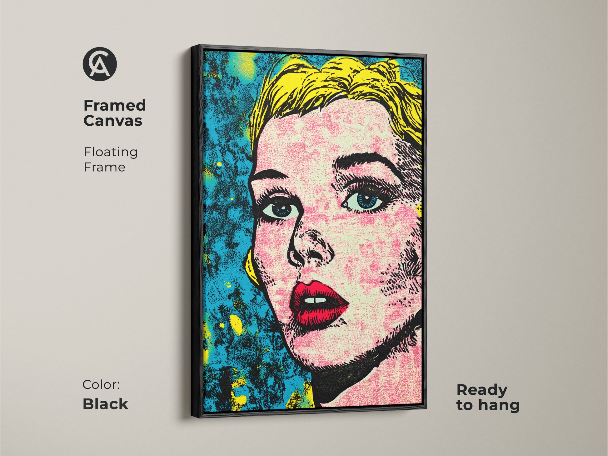 Framed canvas featuring a pop art portrait with a black floating frame. Ready to hang this art adds a sophisticated touch. The black frame enhances the vibrant colors and details.