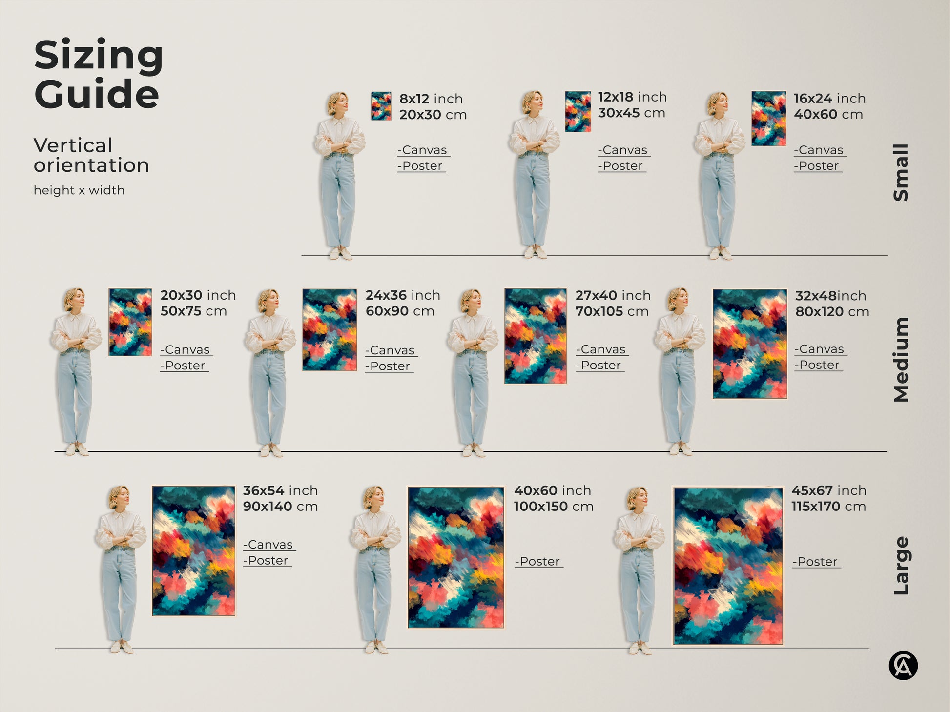 Sizing guide for vertical abstract art. Available sizes include small medium and large. Choose the perfect size for your space from canvas or poster options. Transform your home decor today.