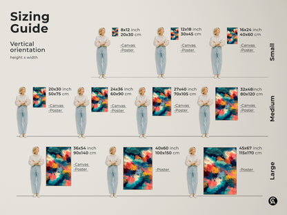 Sizing guide for vertical abstract art. Available sizes include small medium and large. Choose the perfect size for your space from canvas or poster options. Transform your home decor today.