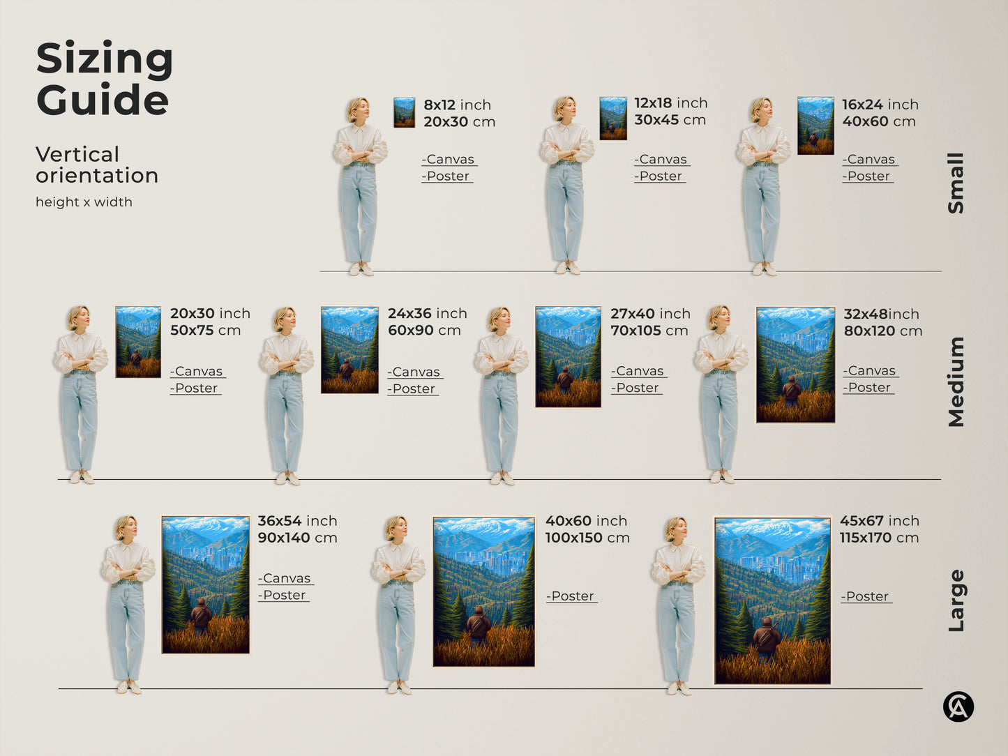 Sizing guide showing various vertical canvas and poster sizes. Each features pixel art of a cityscape nestled in mountains. This retro mountain landscape art is perfect for any room. This modern office wall art is a unique gift.
