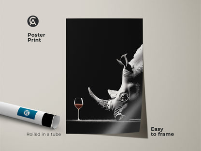 This surreal rhino art print is a striking monochrome wildlife piece. This black and white animal art features a rhino with a wine glass. Easy to frame this poster brings contemporary elegance. Perfect for a study room or home office this artwork is a unique and thoughtful gift for wine lovers.