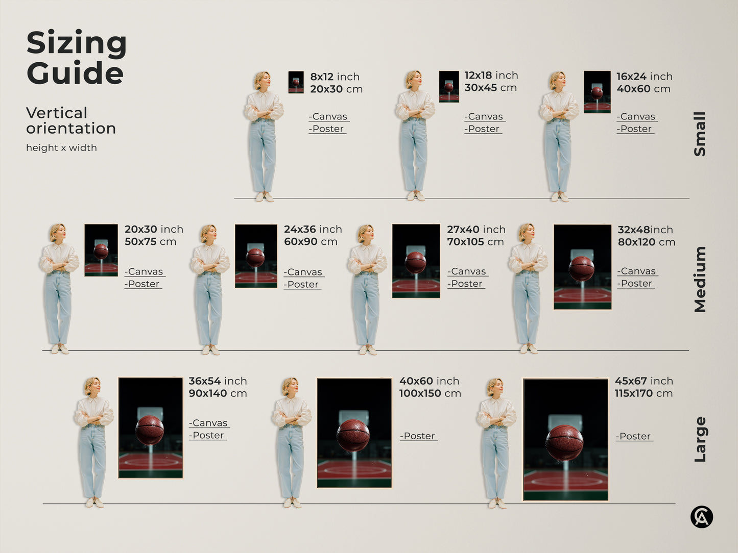 Sizing guide for vertical basketball canvas art. Available in small medium and large sizes. This sports action canvas is perfect for any space. Sizes range from 8x12 inches to 45x67 inches. Find the perfect fit for your man cave or office wall.