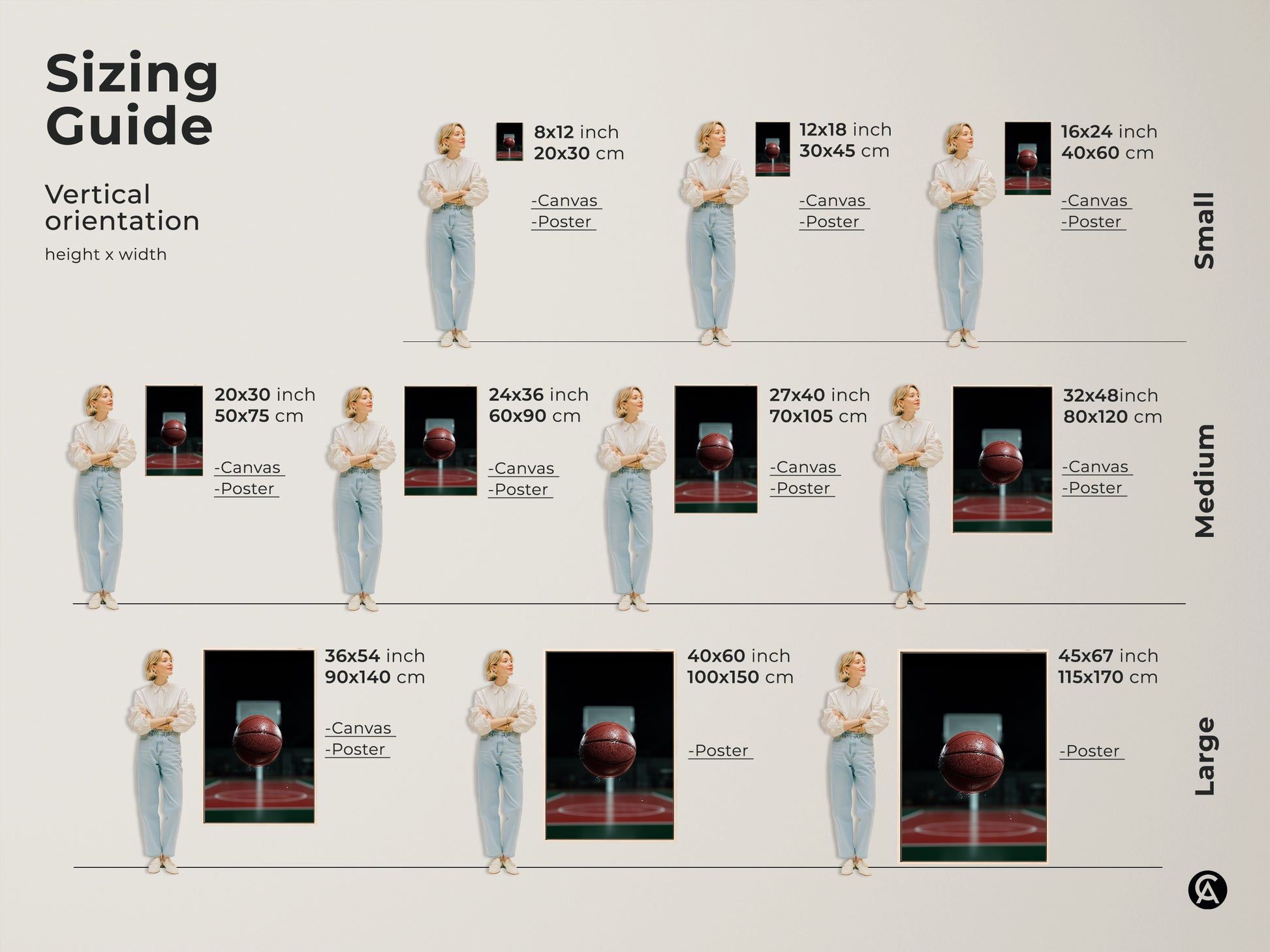 Sizing guide for vertical basketball canvas art. Available in small medium and large sizes. This sports action canvas is perfect for any space. Sizes range from 8x12 inches to 45x67 inches. Find the perfect fit for your man cave or office wall.