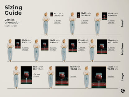 Sizing guide for vertical basketball canvas art. Available in small medium and large sizes. This sports action canvas is perfect for any space. Sizes range from 8x12 inches to 45x67 inches. Find the perfect fit for your man cave or office wall.