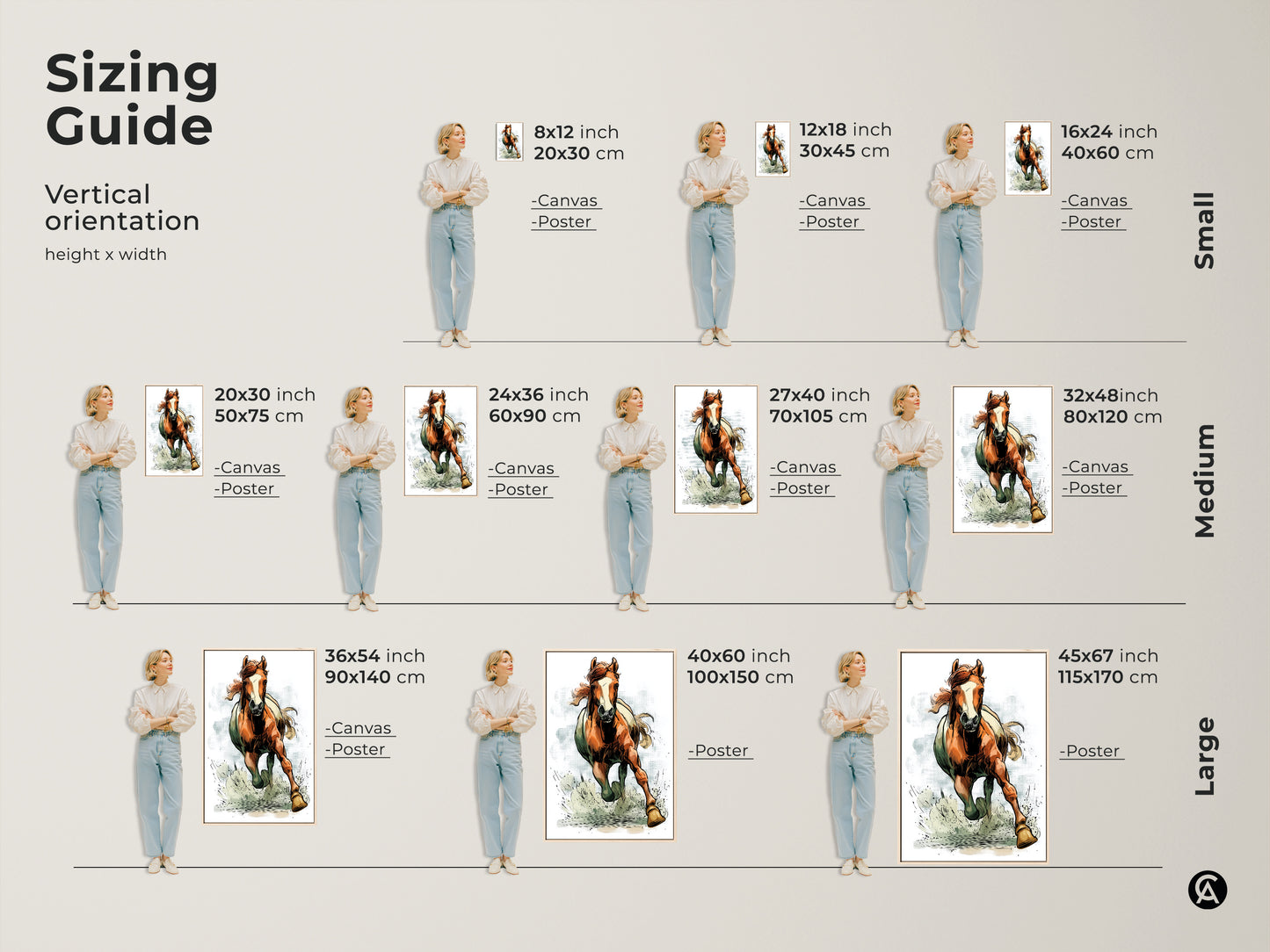 Sizing guide shows the rustic horse art print in various sizes. From small to large canvases and posters find the perfect fit. See how the equestrian wall decor complements different spaces. This running wildlife animal painting brings life to any room. Choose the ideal size of orange brown artwork for your home.