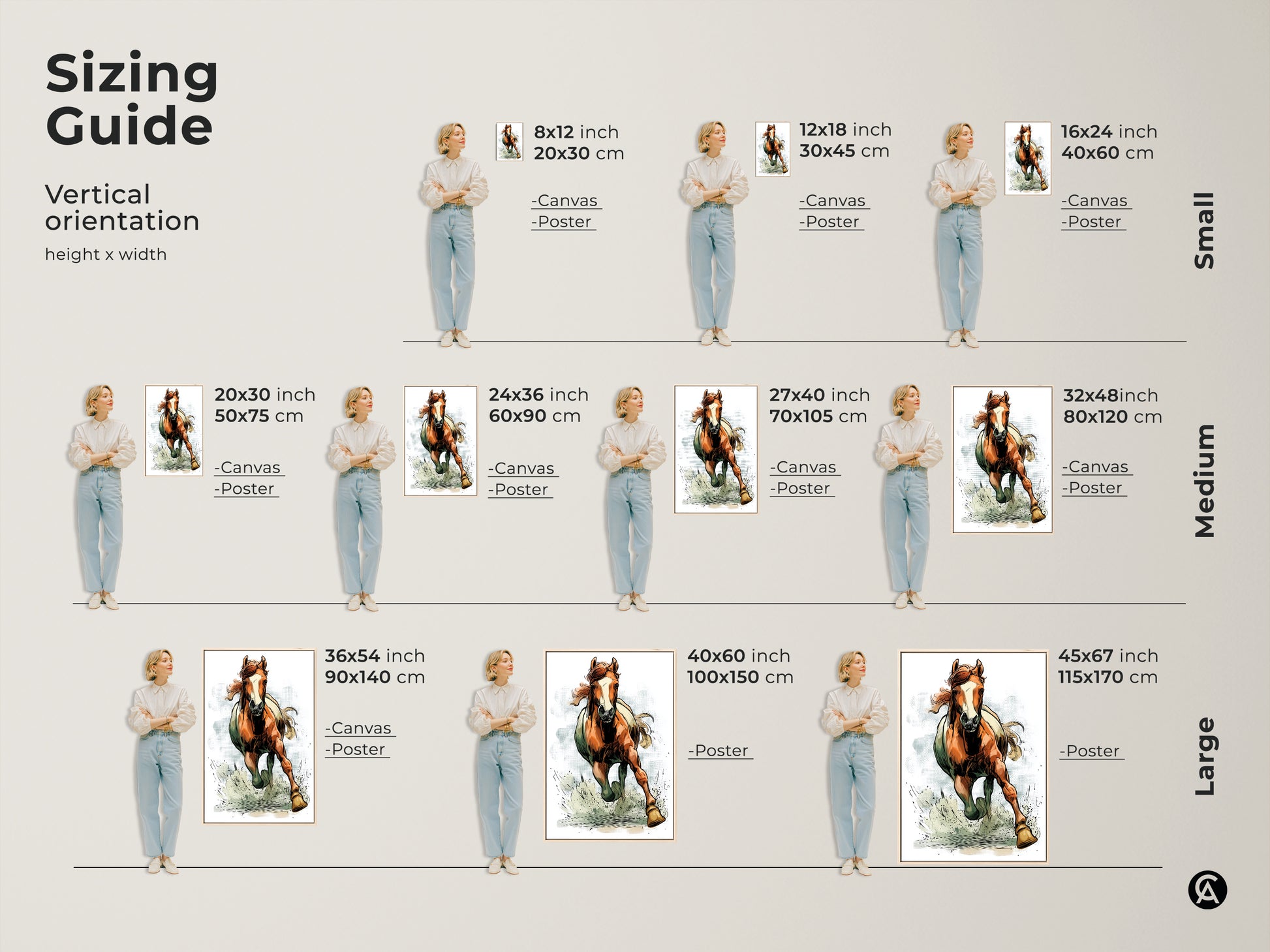 Sizing guide shows the rustic horse art print in various sizes. From small to large canvases and posters find the perfect fit. See how the equestrian wall decor complements different spaces. This running wildlife animal painting brings life to any room. Choose the ideal size of orange brown artwork for your home.