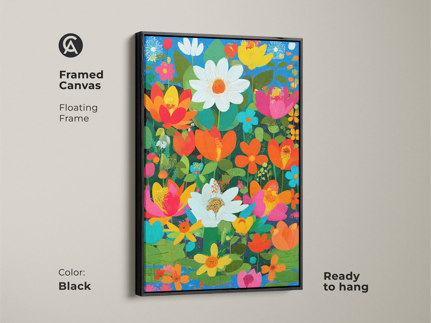 Framed canvas in a black floating frame. Boho floral wall art print. The artwork is orange pink and teal botanical art. A lotus daisy flower artwork is ready to hang.