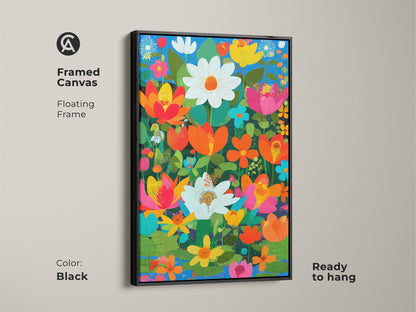 Framed canvas in a black floating frame. Boho floral wall art print. The artwork is orange pink and teal botanical art. A lotus daisy flower artwork is ready to hang.