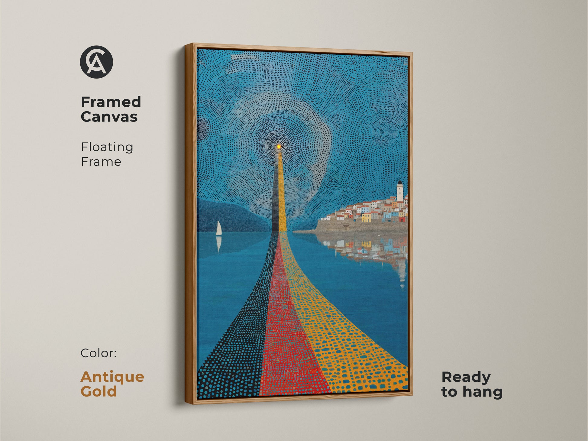 Framed canvas with antique gold floating frame. This abstract lighthouse print features a pointillism coastal landscape. View the blue yellow and red sailboat artwork. Add unique wall decor for entry halls with this travel gift.