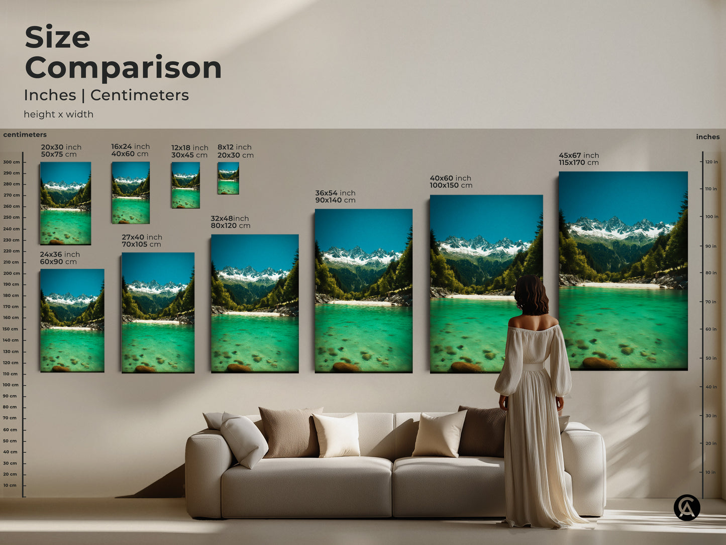 Size comparison of emerald river canvas artwork in inches and centimeters. See how various sizes fit above a couch. Snow capped mountains and deep blue sky nature art for modern homes. Visualize the perfect fit for your space.