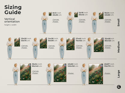 Sizing guide for vertical orientation of red poppy canvas prints. Visualize small medium and large sizes. Perfect for wildflower field art in various dimensions. Choose the ideal size for your boho floral wall art today.