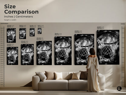 Size comparison of basketball art in a living room. See how different sizes fit above a sofa. Art options include 12x18 24x36 and 40x60 inch formats. Visualize the impact of this sports-themed decor in your home.