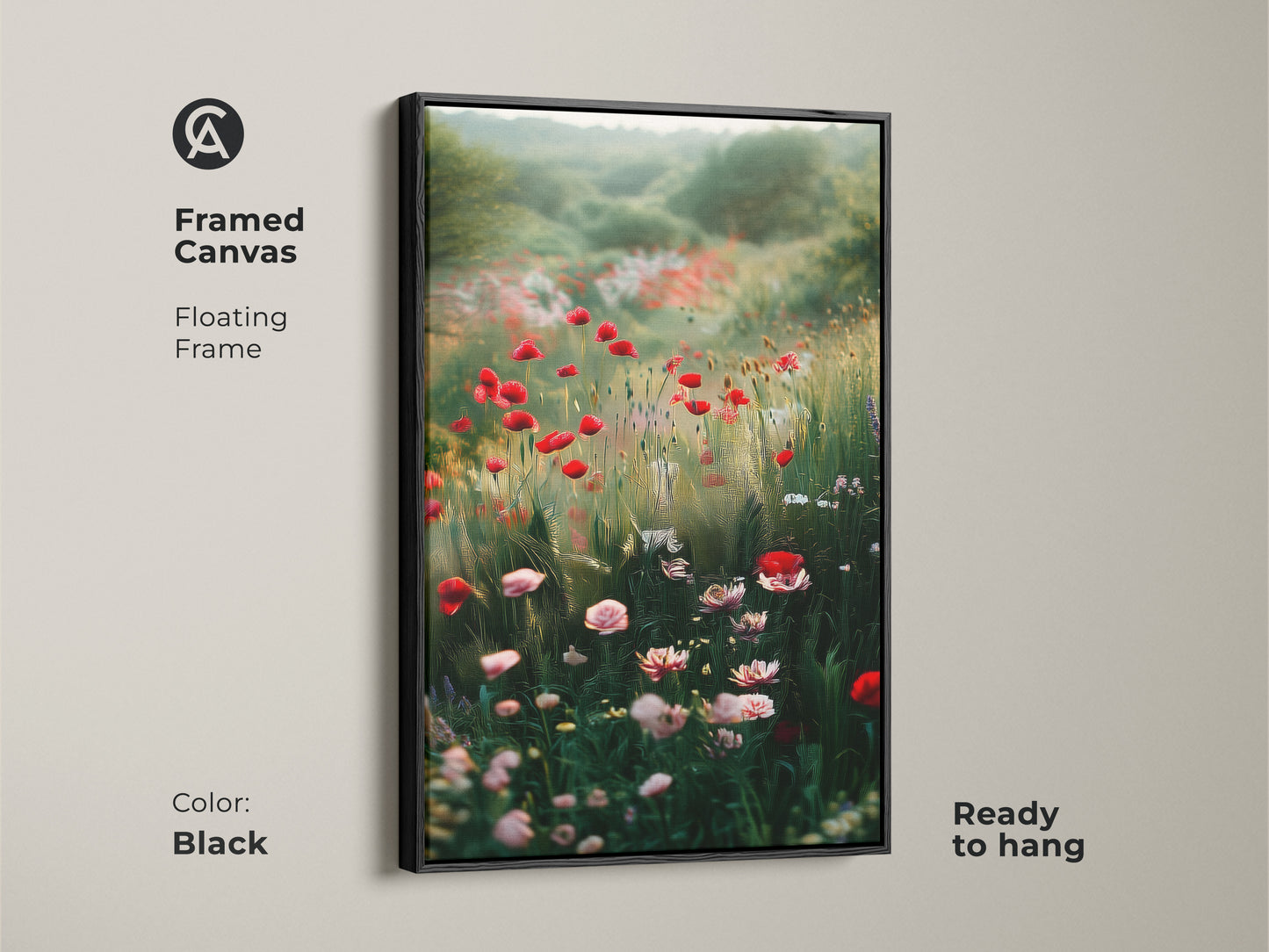 Black framed canvas of a poppy field. This impressionistic floral print features red wildflowers. It's perfect for boho bedroom decor. Ready to hang nature landscape painting.