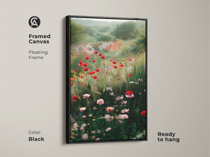 Black framed canvas of a poppy field. This impressionistic floral print features red wildflowers. It's perfect for boho bedroom decor. Ready to hang nature landscape painting.
