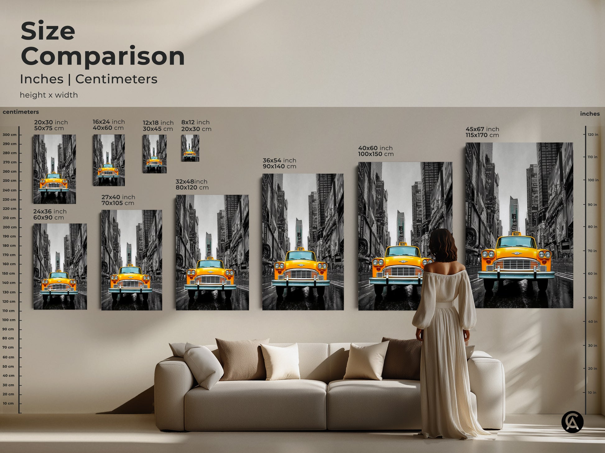 Size comparison of NYC yellow taxi artwork. A range of sizes are available in inches and centimeters. From compact to large scale. Find the ideal fit for your home or office decor. Elevate your space with stunning city street photography.