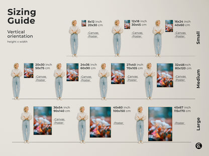 Sizing guide for mushroom art prints. Visualize vertical orientation options. Available in canvas and poster formats. Sizes range from small to large to fit any space. Perfect for adding nature-inspired art to your home.