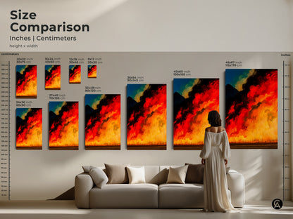 Abstract mountain fire artwork in an eclectic home setting. The red golden yellow and black canvas print enhances the room. This piece serves as office decor or a firefighter gift. The abstract nature-inspired wall decor adds a modern touch.