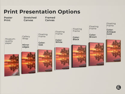 Print presentation options include poster prints stretched canvas and framed canvas. Each features the rustic pine tree sunset lake artwork. Choose from museum-quality paper gallery wrap or floating frames in various colors. Find the perfect nature photography wall art.