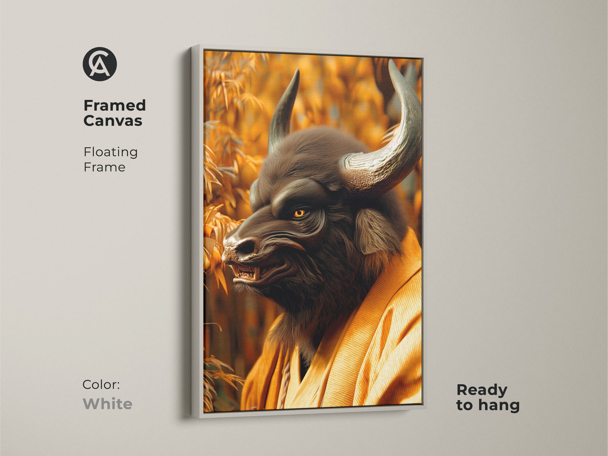 Framed canvas artwork displaying a Minotaur Samurai in a bamboo forest with a white floating frame. The clean white frame enhances the artwork's serene and powerful presence. Ready to hang this piece brings a blend of mythical warrior energy to any room. The captivating Minotaur art is attention grabbing.