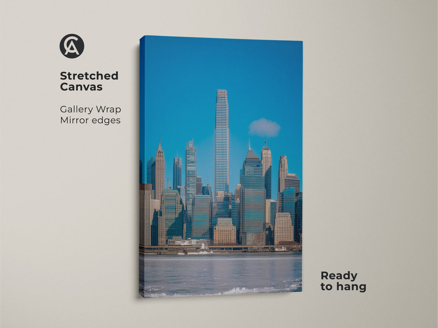 NYC cityscape canvas print showcasing a modern blue gray wall art. This contemporary office decor is a stretched canvas with mirrored edges. Ready to hang architectural skyline art. Ideal urban city art print for modern homes.