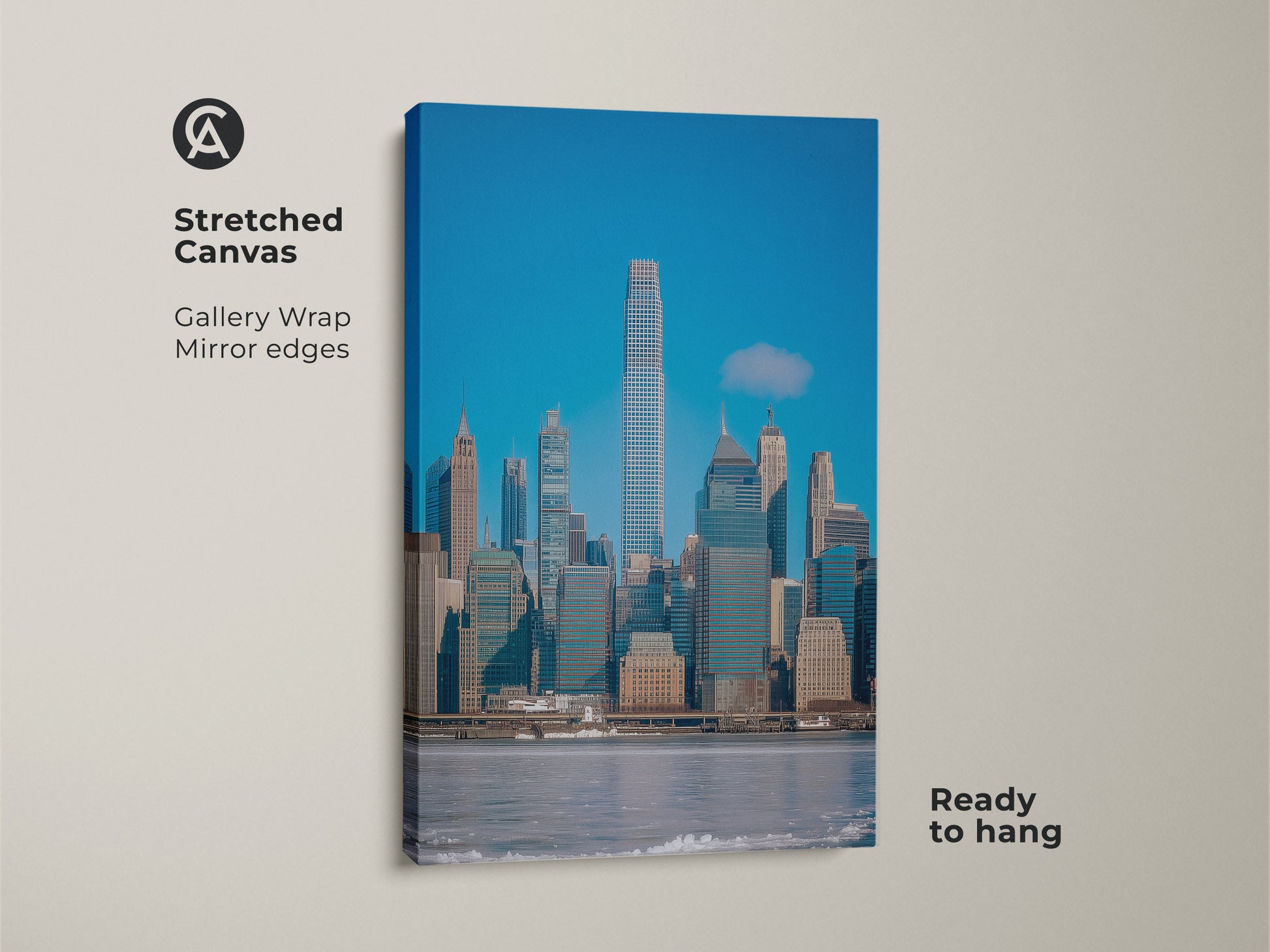 NYC cityscape canvas print showcasing a modern blue gray wall art. This contemporary office decor is a stretched canvas with mirrored edges. Ready to hang architectural skyline art. Ideal urban city art print for modern homes.
