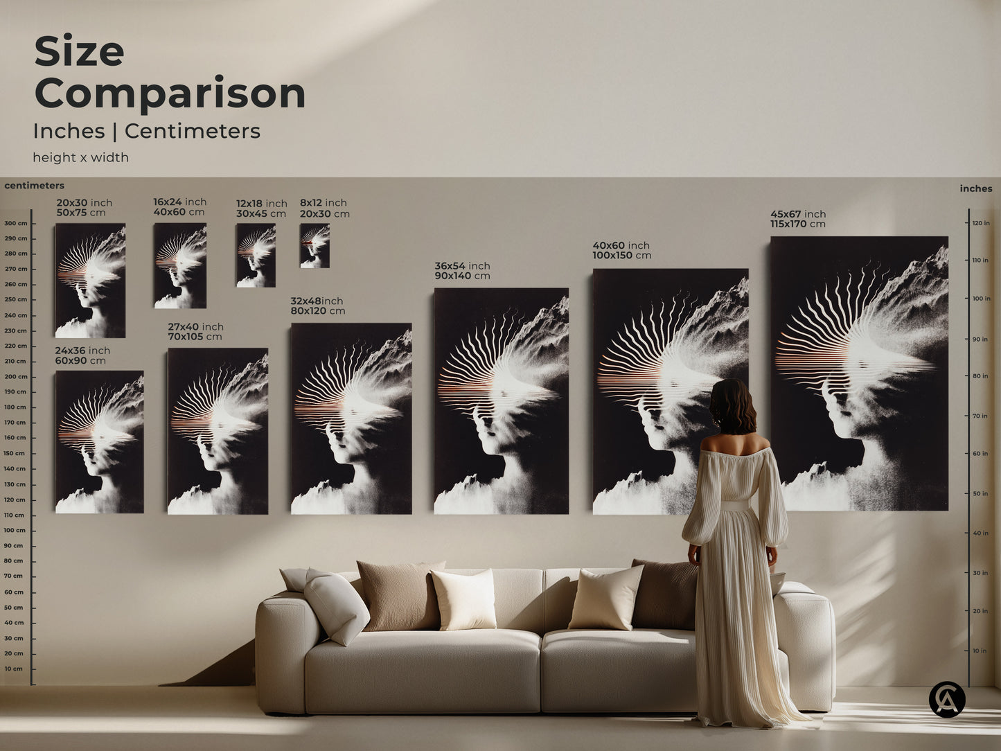 A woman in a white dress is standing in a living room comparing sizes of the black and white abstract face and mountain art. These canvas and poster prints add a modern touch. See our size comparison guide and find the perfect fit for your space.
