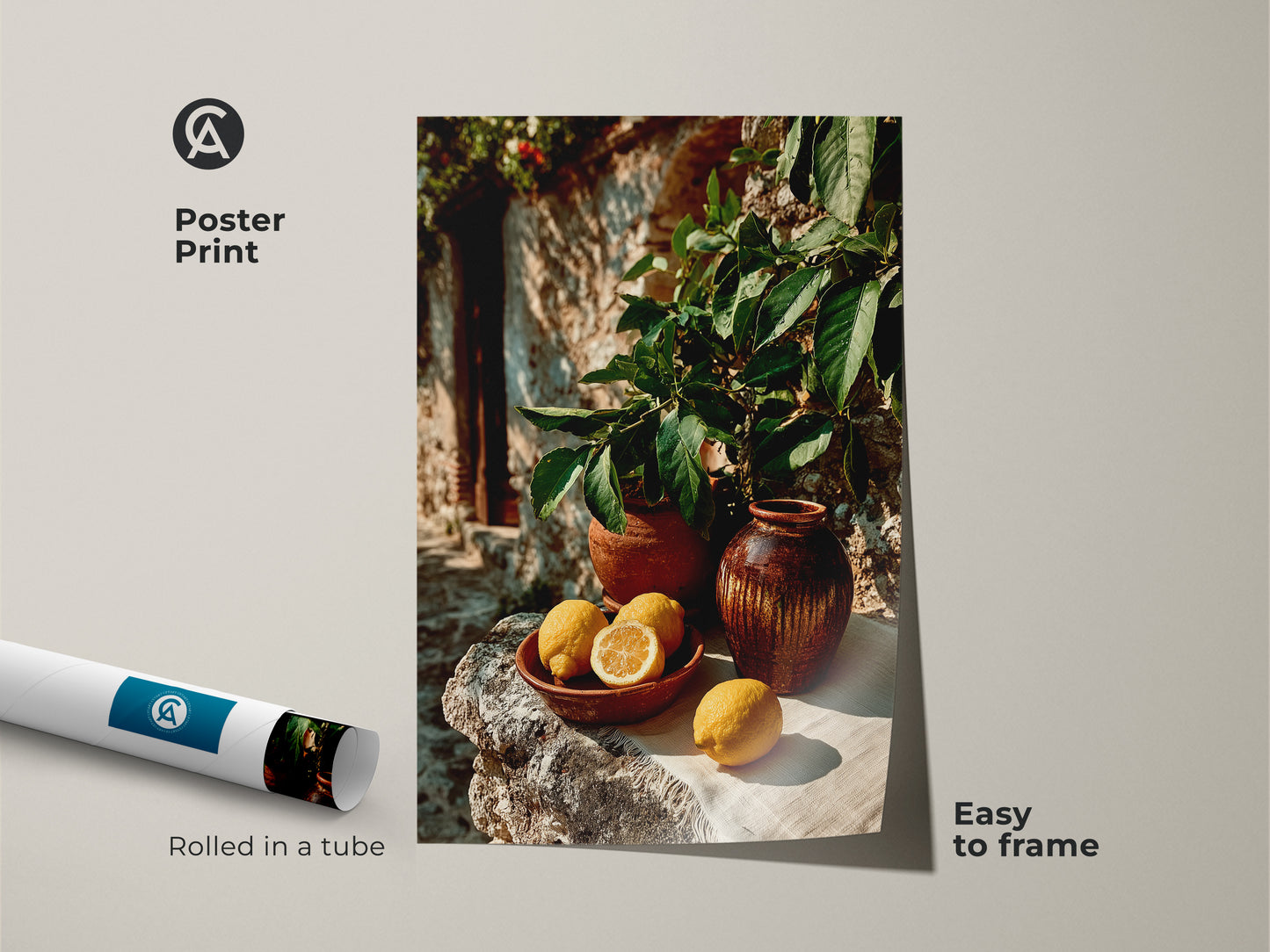A close-up of lemons and terracotta vases artwork. It is a rustic Mediterranean style botanical art print. The yellow and green colors create a farmhouse kitchen vibe. Enhance your home decor with this canvas art.