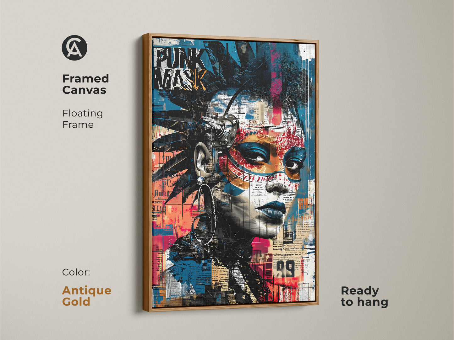 Framed canvas featuring a punk mask graffiti portrait with an antique gold floating frame. The urban street art canvas showcases an abstract face artwork in blue black and red. This ready to hang eclectic decor is ideal for music lovers. The alternative art print brings a bold edgy vibe to any space.