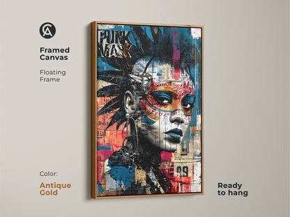 Framed canvas featuring a punk mask graffiti portrait with an antique gold floating frame. The urban street art canvas showcases an abstract face artwork in blue black and red. This ready to hang eclectic decor is ideal for music lovers. The alternative art print brings a bold edgy vibe to any space.
