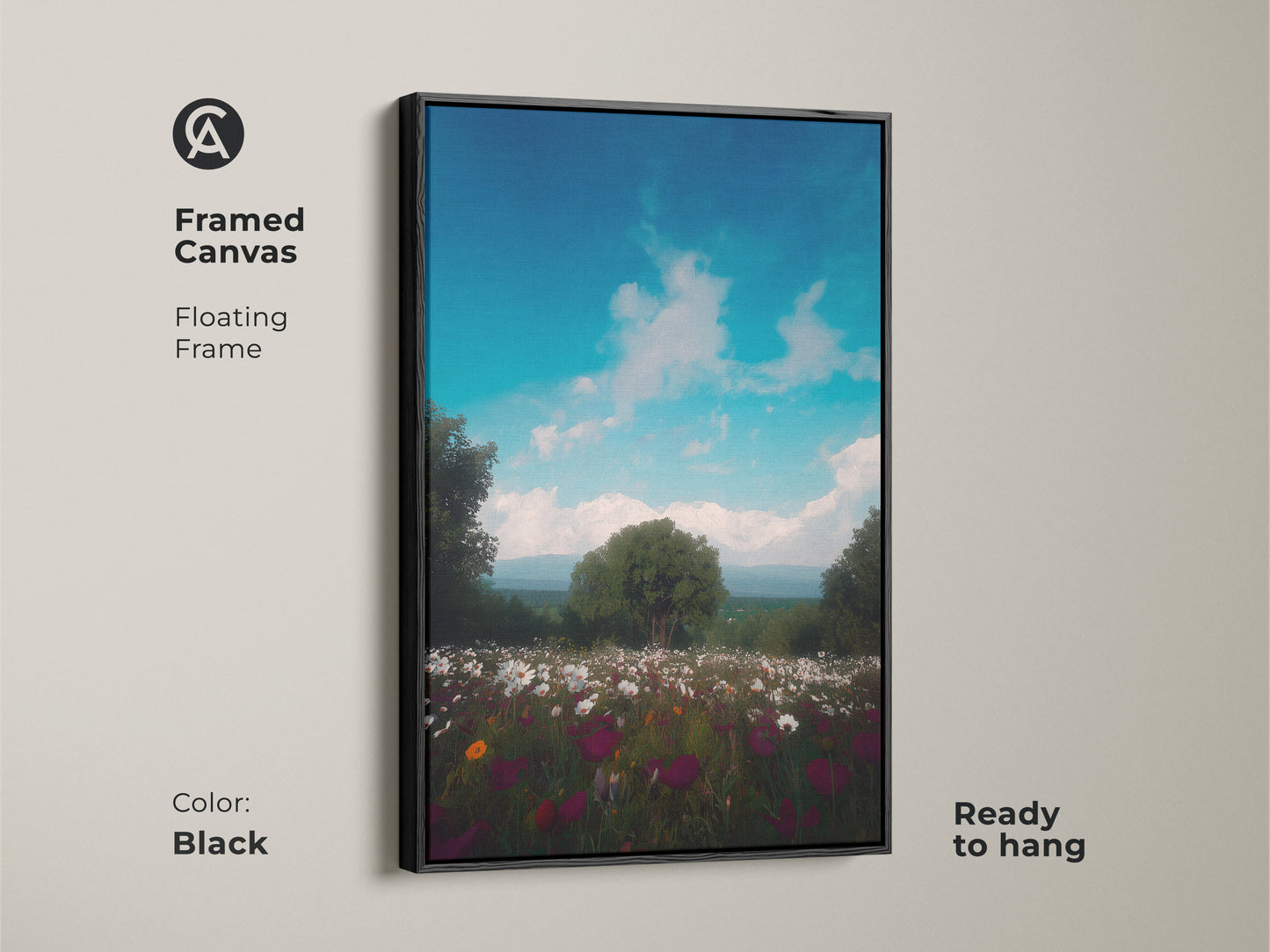 Framed canvas art in a floating frame shows a wildflower field. This impressionistic mountain landscape print features a vibrant blue sky. Perfect boho wall decor. This scenic art print is ready to hang in a black frame.