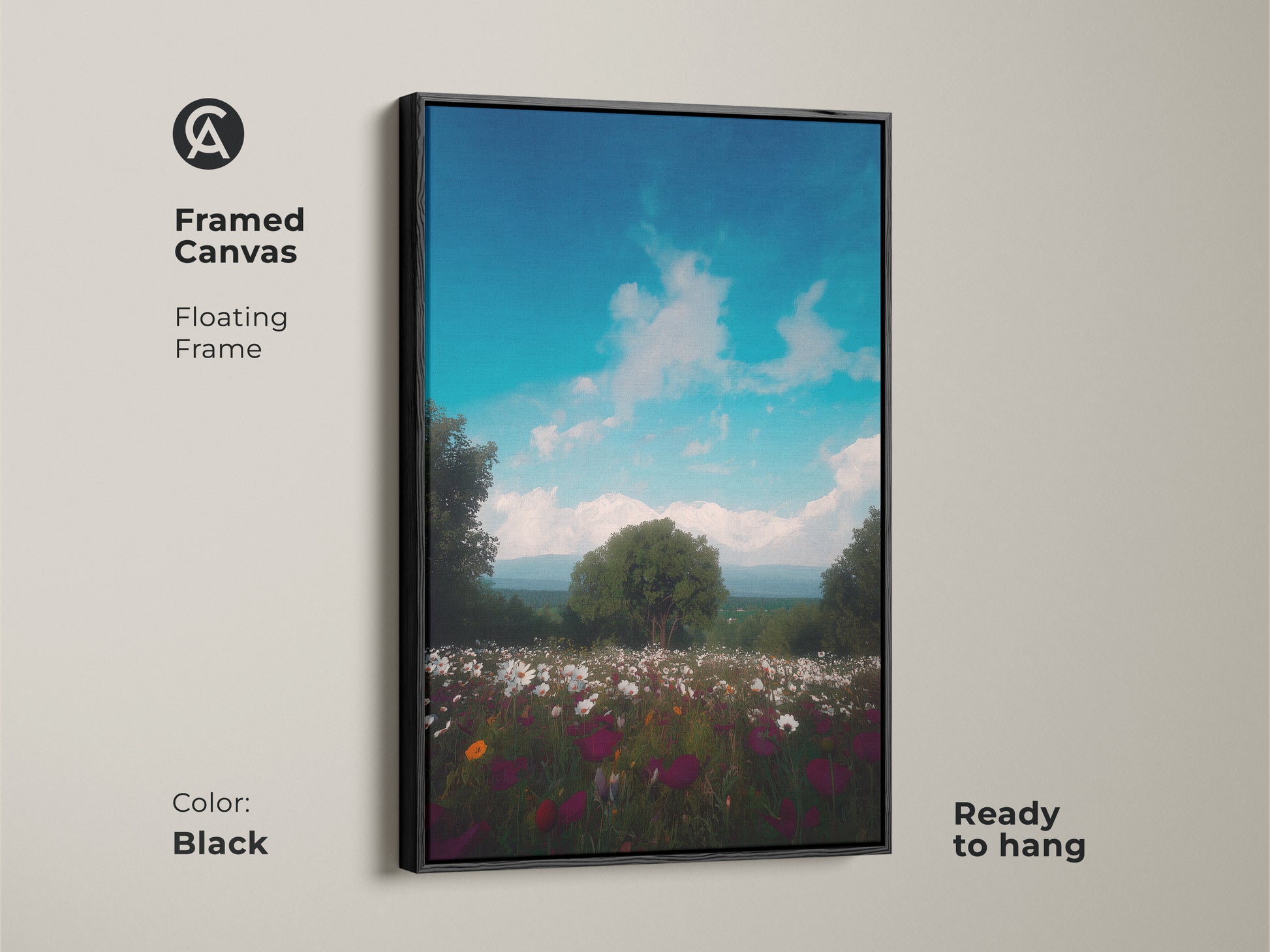 Framed canvas art in a floating frame shows a wildflower field. This impressionistic mountain landscape print features a vibrant blue sky. Perfect boho wall decor. This scenic art print is ready to hang in a black frame.