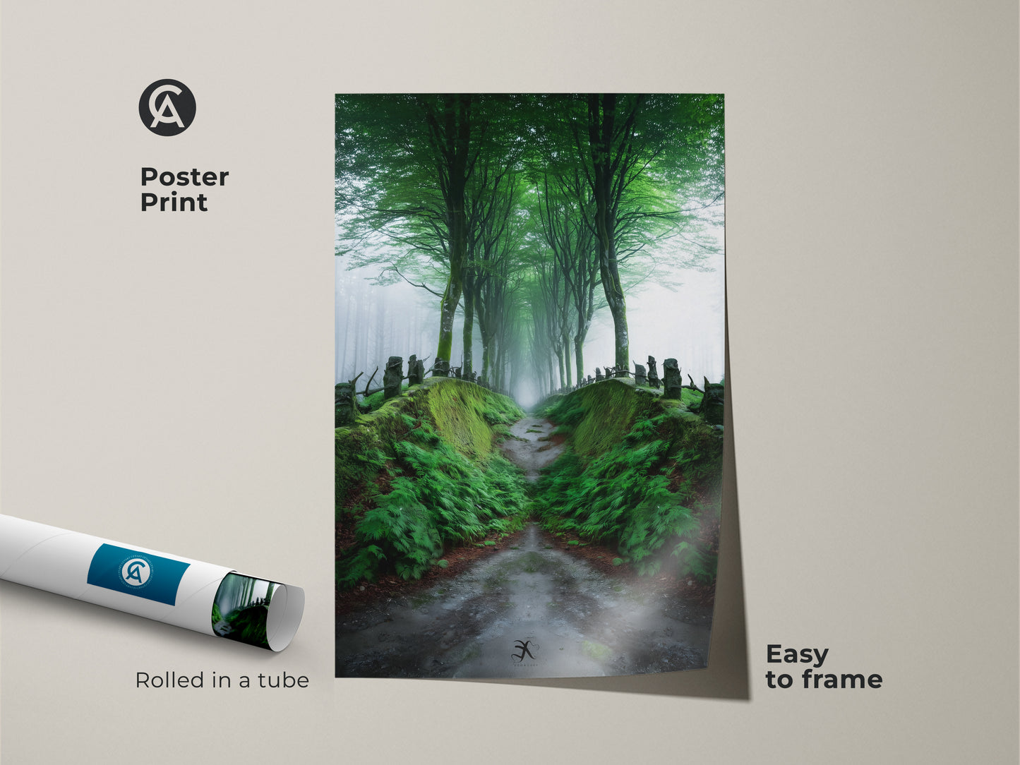 Poster print features a misty forest path. This emerald green artwork showcases a tree-lined road in a Scandinavian style. Rolled in a tube it's easy to frame. This nature landscape adds a refreshing touch to any space. Ideal for nature lovers.