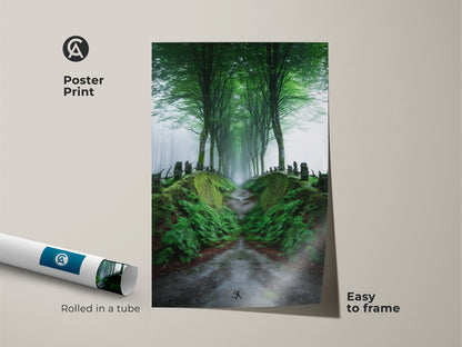 Poster print features a misty forest path. This emerald green artwork showcases a tree-lined road in a Scandinavian style. Rolled in a tube it's easy to frame. This nature landscape adds a refreshing touch to any space. Ideal for nature lovers.