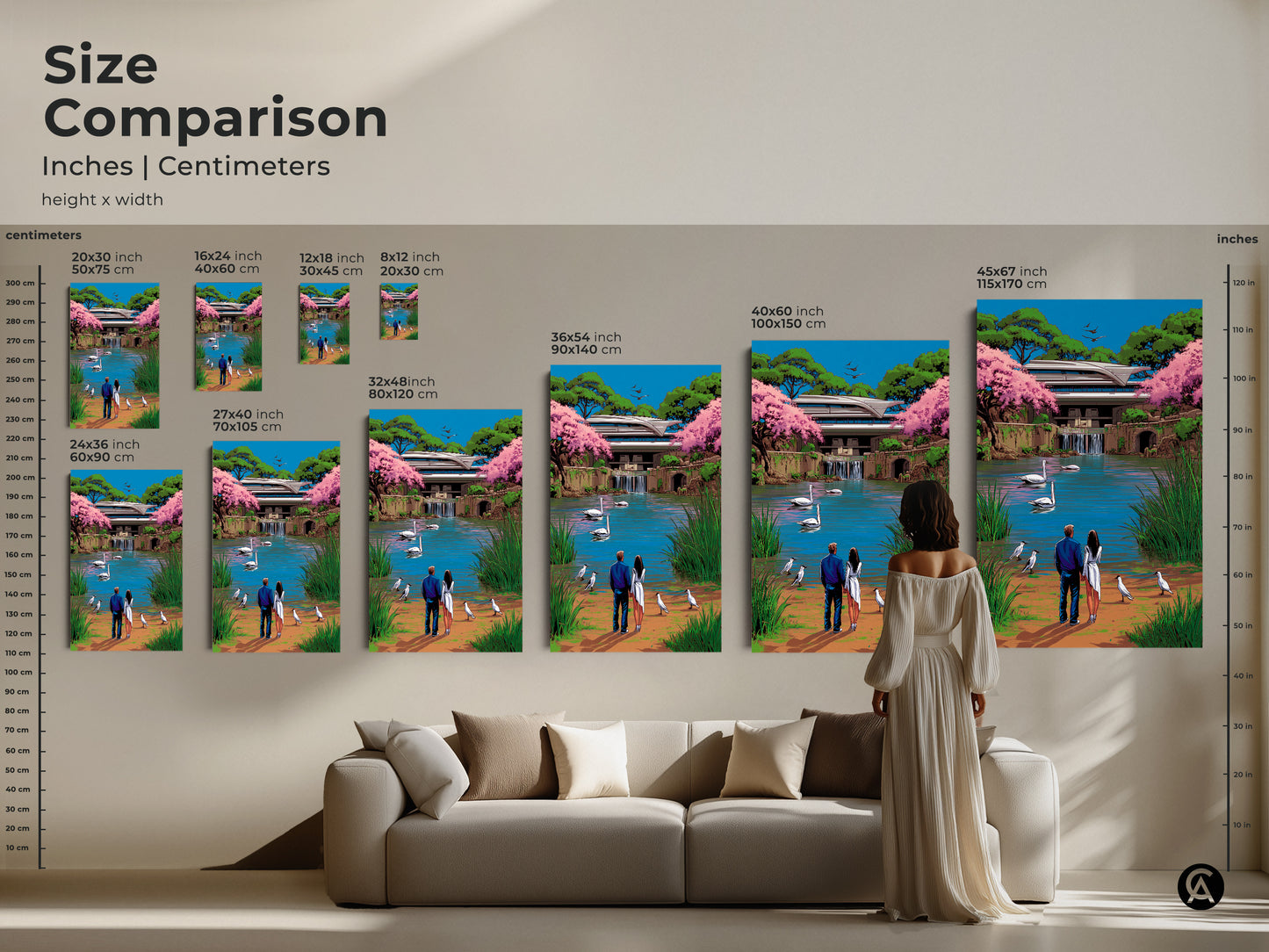 Size Comparison: Romantic Swans Landscape Canvas Print sizes. See how the artwork transforms spaces from small to large. This surreal pop art is perfect as an anniversary gift. Visualize the ideal size for your eclectic home decor.